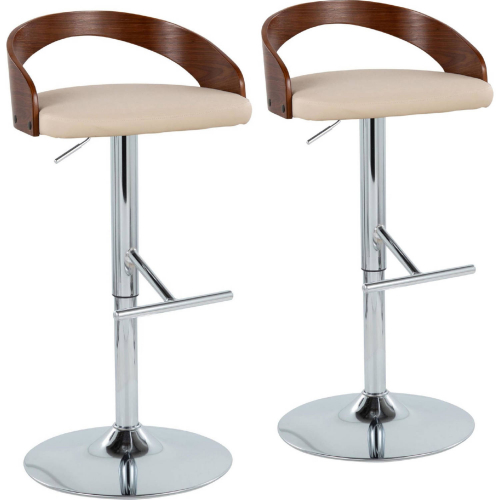 Grotto Adjustable Height Swivel Bar Stool in Chrome, Walnut Wood & Cream Leatherette (Set of 2)